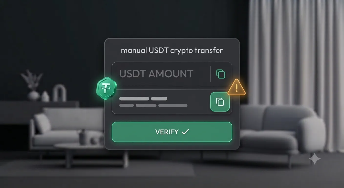 USDT manual transfer panel with amount, address, and verify button