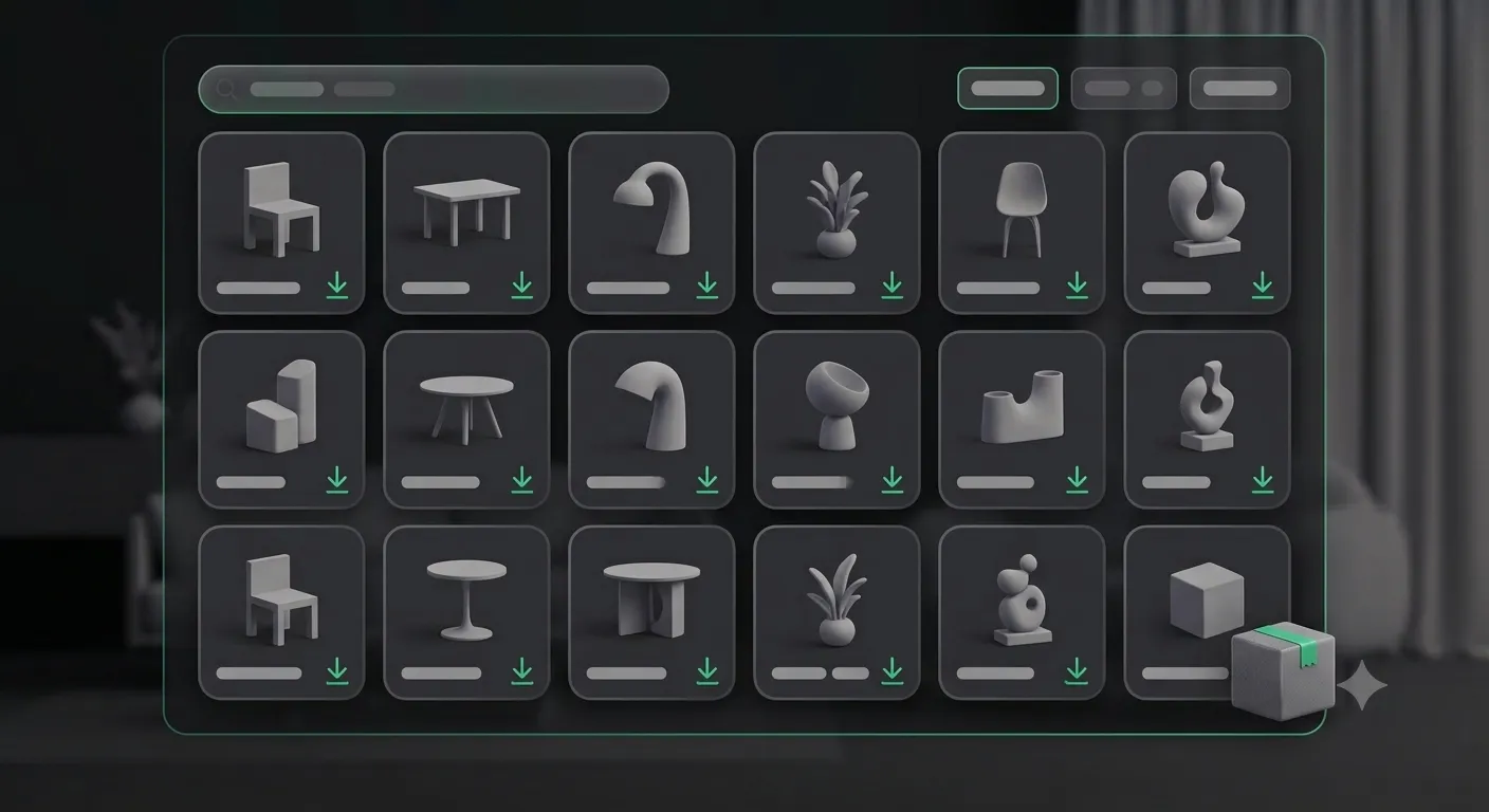 Purchased Products page showing owned 3D models in a grid